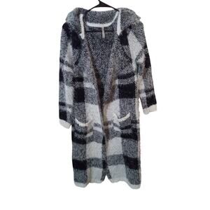 Mono B Mohair Buffalo Plaid Print Long Sleeve Oversized Hooded Cardigan Sweater
